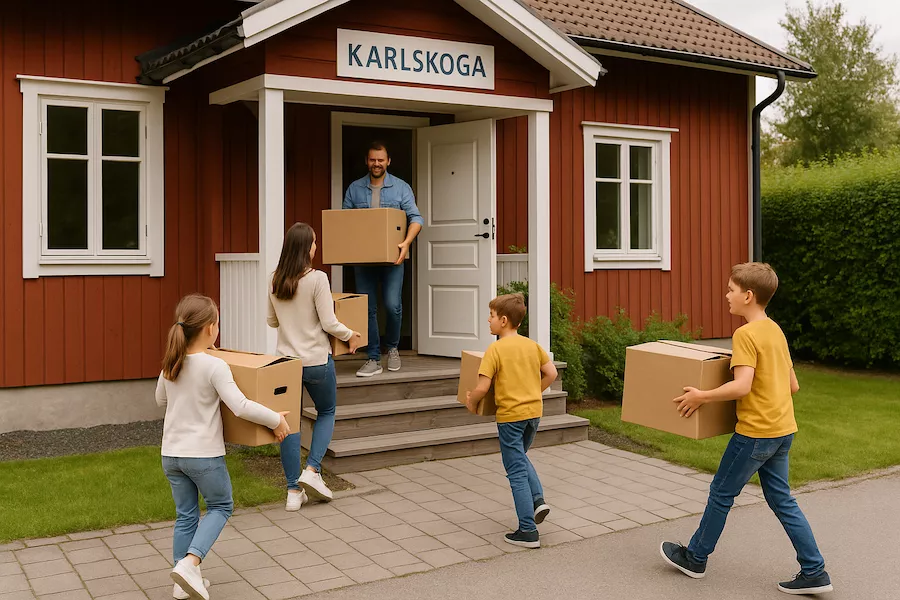 Familj bär flyttkartonger in i en villa i Karlskoga